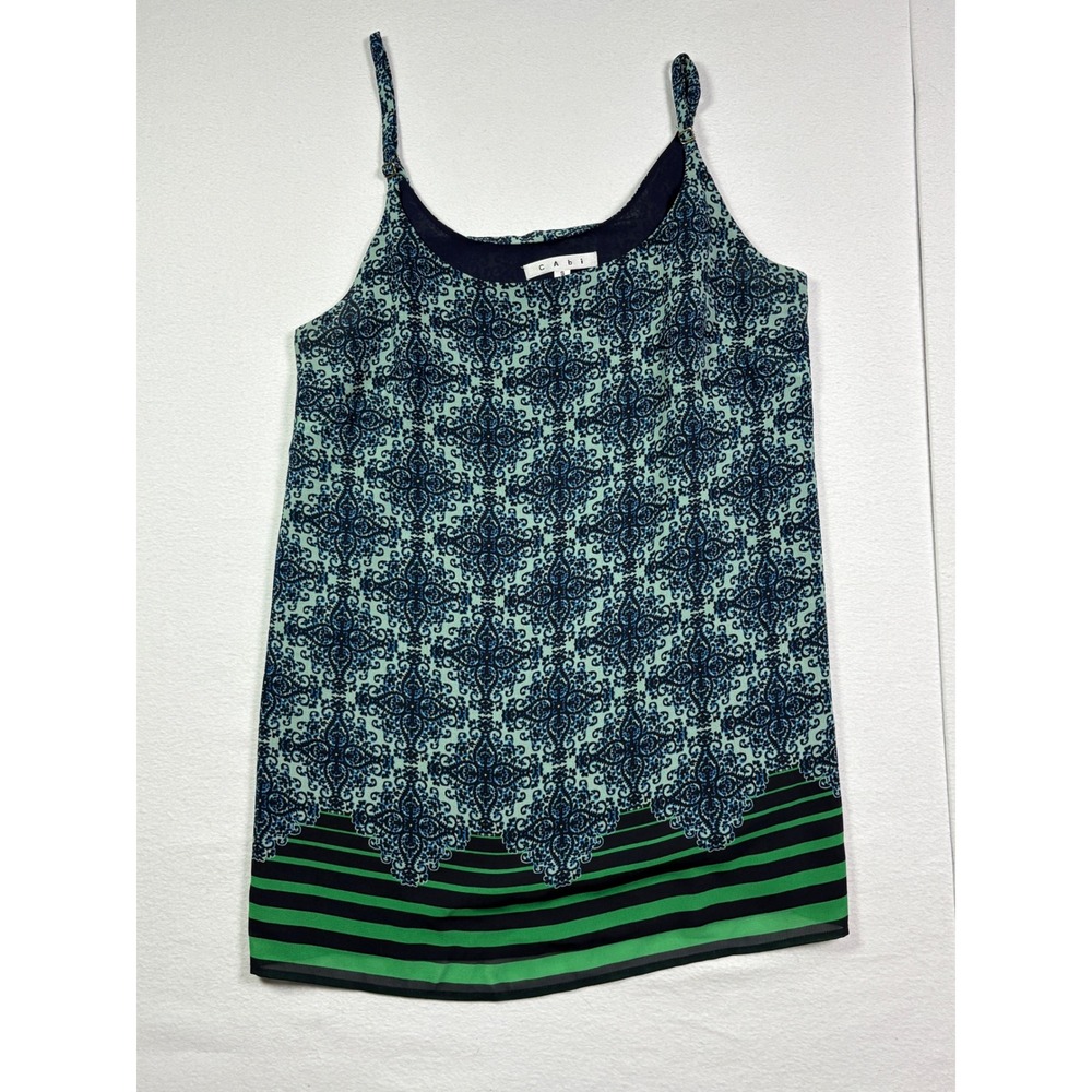 Cabi Womens Small Navy Blue Green Damask Print Spaghetti Strap Cami Tank Top 107